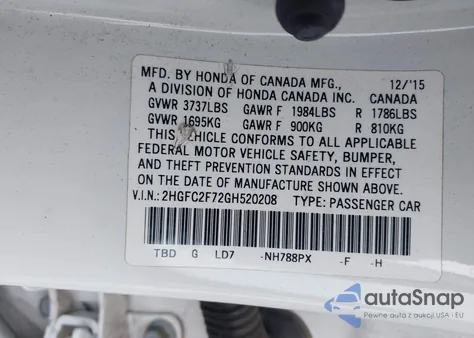 2016 Honda Civic Ex from USA, damaged, VIN 2HGFC2F72GH520208